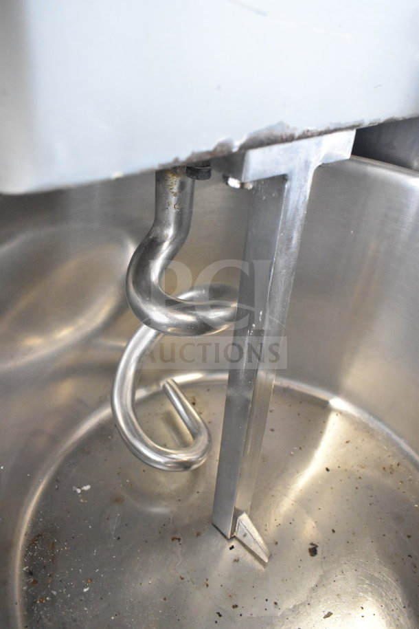 Attias HS40DA 40L spiral mixer with bowl, guard, and dough hook, showing interior. Visible wear but functional.