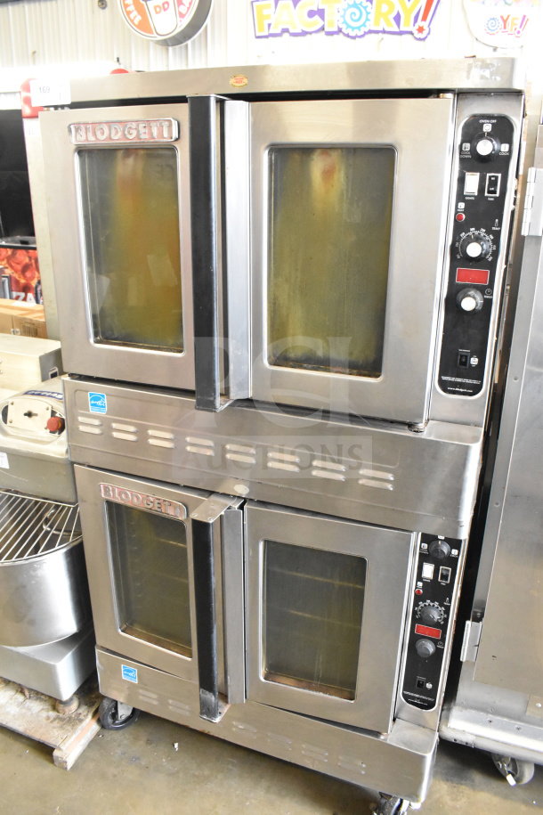 Blodgett commercial gas convection oven, dual stack, view-through doors, thermostatic controls, on casters, used condition.