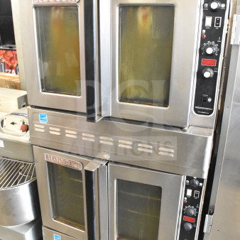 Blodgett commercial gas convection oven, dual stack, view-through doors, thermostatic controls, on casters, used condition.