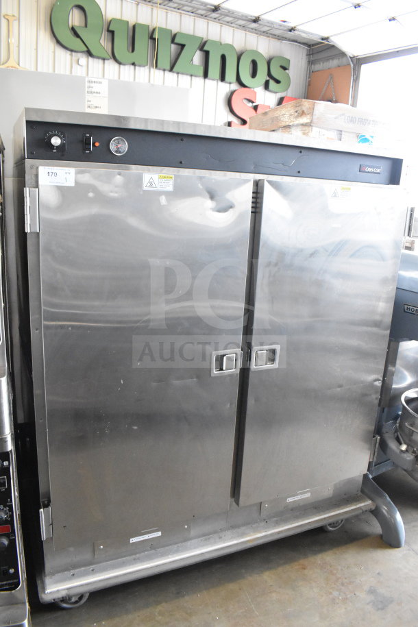 CresCor CCB150 commercial heated holding cabinet, 2 doors, stainless steel, 120V, visible controls, on casters.