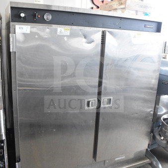 CresCor CCB150 commercial heated holding cabinet, 2 doors, stainless steel, 120V, visible controls, on casters.