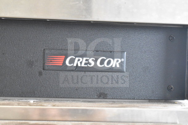 CresCor CCB150 Commercial Heated Holding Cabinet label close-up. Black label with logo in white, indicating brand.