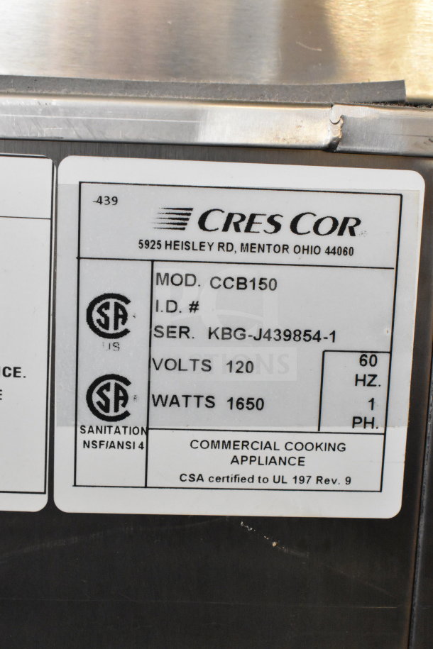 CresCor CCB150 Commercial Heated Holding Cabinet label, showing model, serial number KBG-J439854-1, 120V, 1650W.