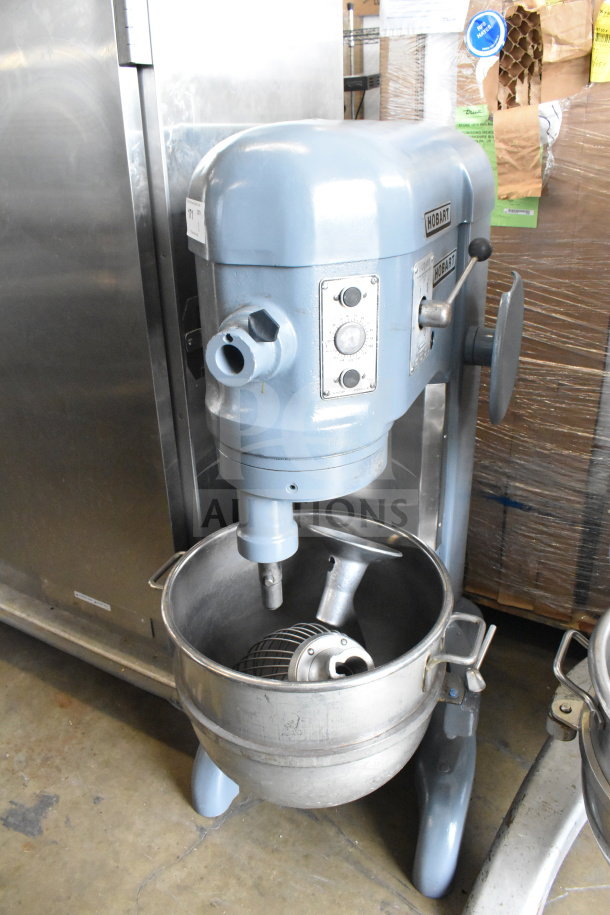 Hobart H-600T 60-quart mixer with bowl, dough hook, whisk attachments. Commercial floor style, 208V, 3-phase.
