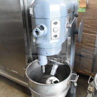 Hobart H-600T 60-quart mixer with bowl, dough hook, whisk attachments. Commercial floor style, 208V, 3-phase.