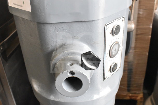 Hobart H-600T commercial 60-quart dough mixer showing control panel, mixing bowl slot, and attachment hub.