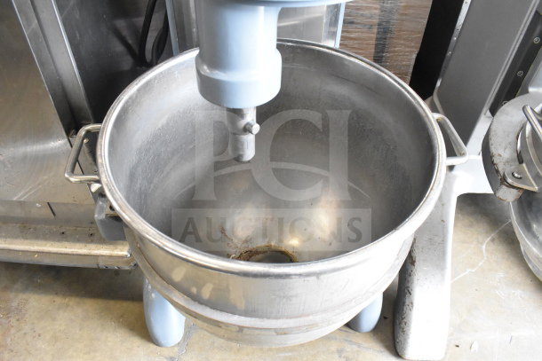 Hobart H-600T 60-quart commercial dough mixer with mixing bowl, dough hook, and whisk. 208V, 3-phase, floor style.