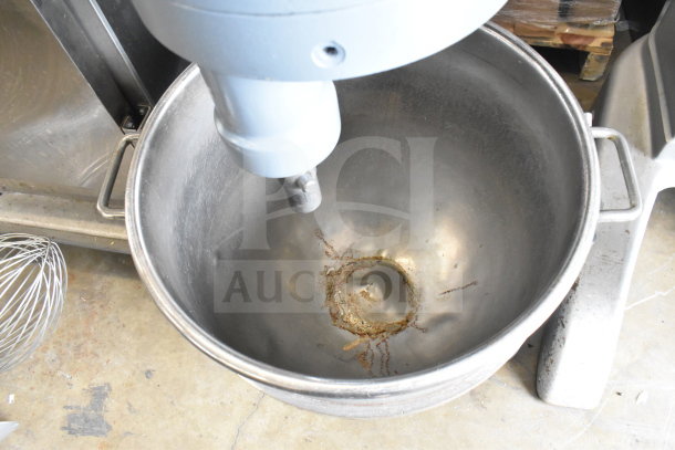Hobart H-600T 60 Qt Commercial Dough Mixer with bowl, dough hook, and whisk. 208V, 3-phase, used condition.