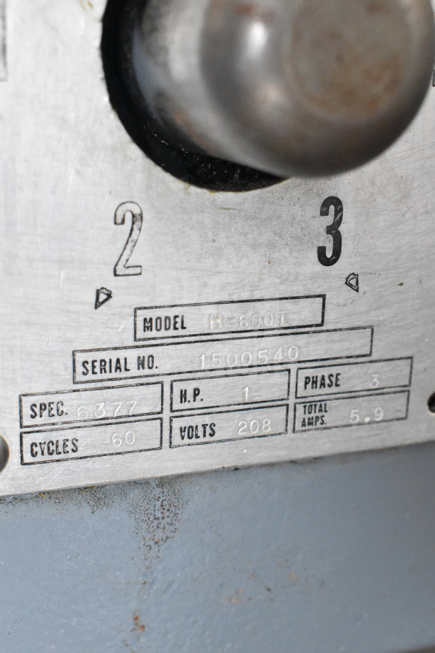 Hobart H-600T 60 Quart Mixer label showing model, serial no. 1500540, 1HP, 3 phase, 208V, 60 cycles, 5.9 amps.