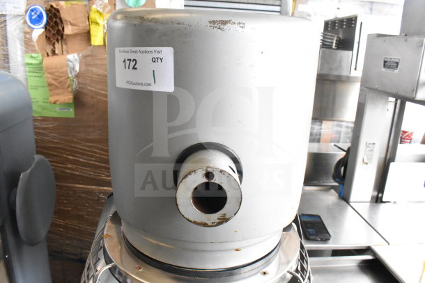 Berkel FMS60 commercial 60-quart planetary dough mixer, visible wear, includes bowl guard, dough hook, paddle, and whisk attachments.