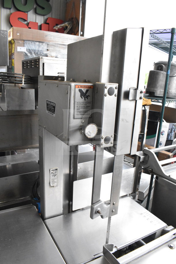 Hobart 6614 commercial meat saw, floor style, 200-230V, 3-phase, stainless steel, visible safety warning label, used condition.