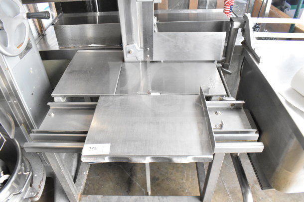 Hobart 6614 commercial meat saw in stainless steel, floor style, 200-230 volts, 3 phase, labeled "173," good condition.