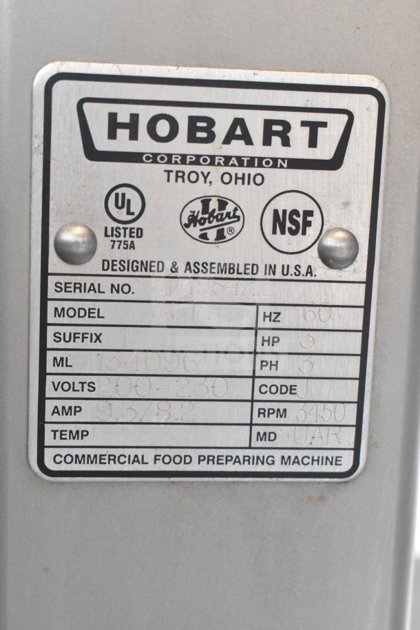 Hobart 6614 Commercial Meat Saw label, showing model number, voltage (200-230V), 3 phase, and UL, NSF certifications.