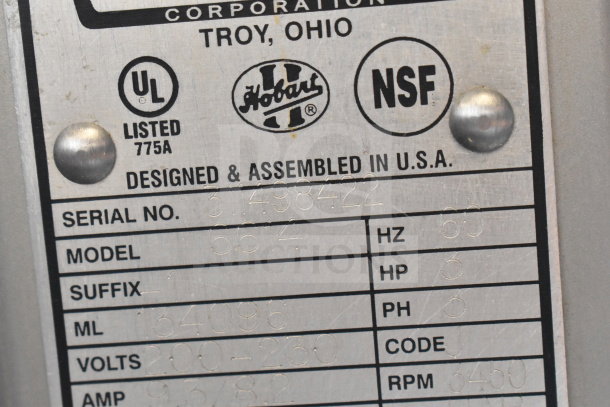 Hobart 6614 meat saw label, showing model, 200-230V, 3 phase, UL and NSF certified, made in USA. Serial no: 31498422.