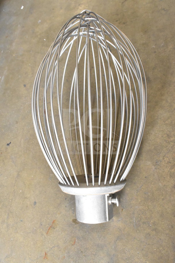 Berkel FMS60 60-quart dough mixer whisk attachment, stainless steel, commercial-grade, showing locking mechanism.