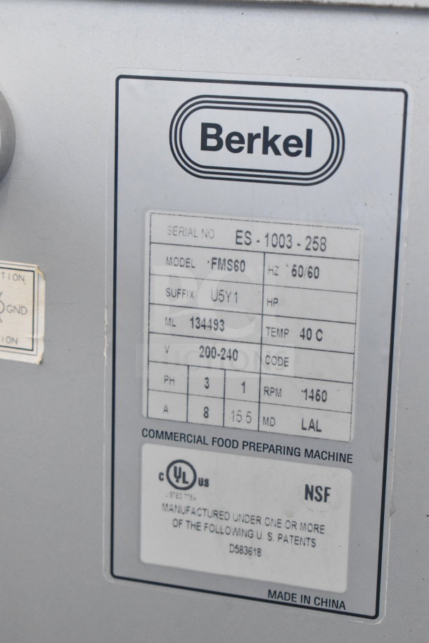 Berkel FMS60 commercial dough mixer label; model, voltage, phase details visible, certified by NSF and UL.