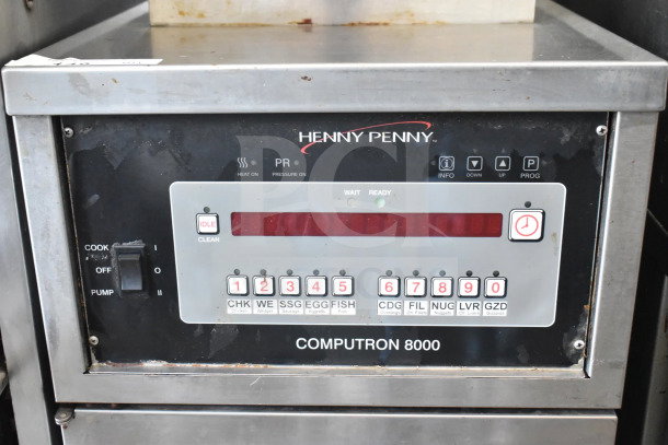 Henny Penny 500C commercial electric pressure fryer on casters, features Computron 8000 control panel, 208V, 3-phase.