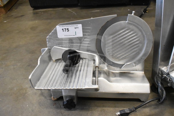Globe C9 Commercial Countertop Meat Slicer, 115V, 1 Phase, stainless steel, used condition. Auction label with "175".