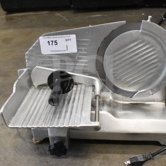 Globe C9 Commercial Countertop Meat Slicer, 115V, 1 Phase, stainless steel, used condition. Auction label with "175".