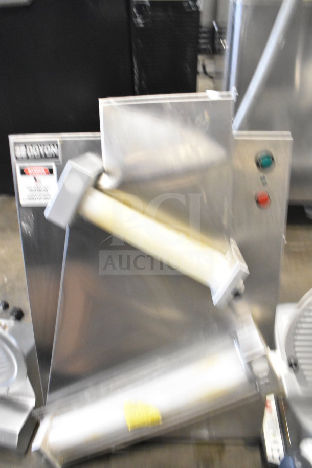 Doyon DL18DP commercial dough sheeter, 18" two-stage, 120V, features control buttons, stainless steel exterior, good condition.