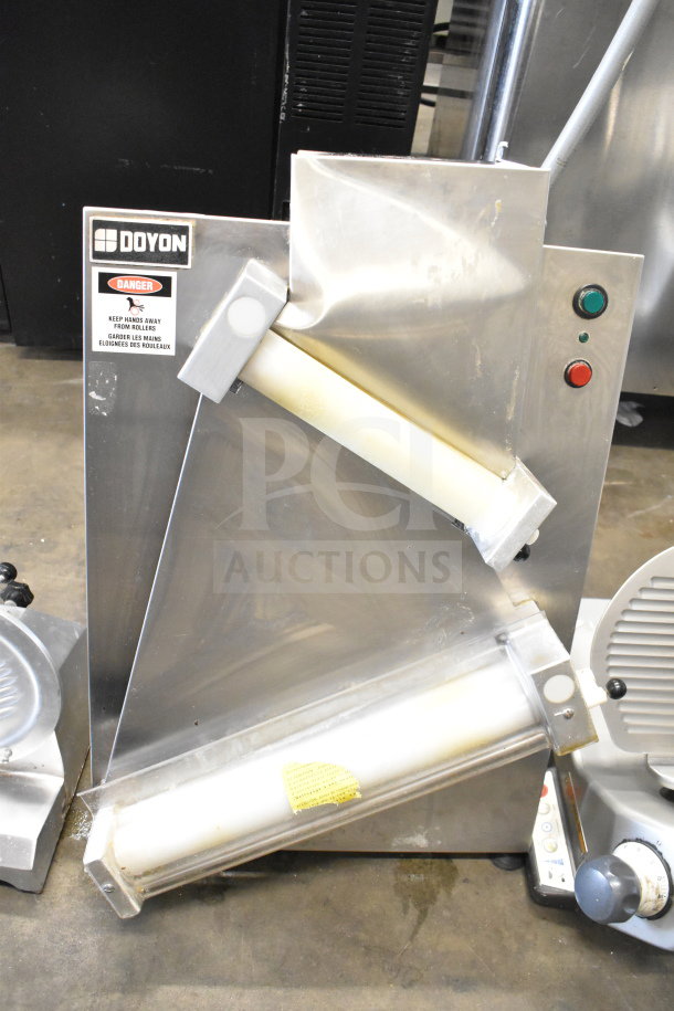 Doyon DL18DP Commercial 18" Countertop Dough Sheeter, stainless steel, two-stage, 120V, visible safety labels.