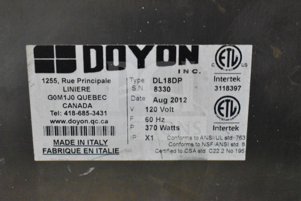 Doyon DL18DP Commercial 18" two-stage dough sheeter label, 120V, 1 Phase, made in Italy, August 2012, ETL certified.