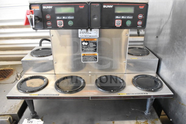 2018 Bunn AXIOM 0/6 TWIN coffee machine with 6 burners, hot water dispenser, and digital controls, showing warning labels.