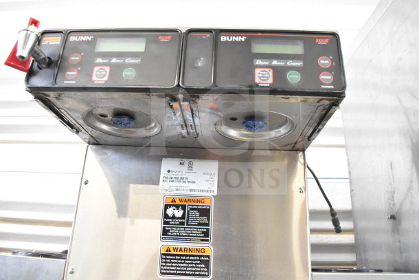 2018 Bunn AXIOM 0/6 TWIN commercial coffee machine with 6 burners and hot water dispenser. Features control panel, model and warning labels visible.