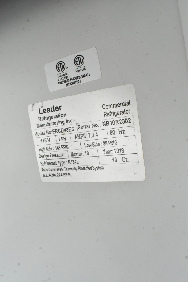 2018 Leader ERCD48ES deli display case, 115V, 1 phase. Serial No. NB10R2302. ETL certified, R134a refrigerant.