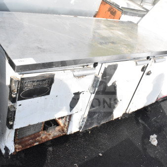 2021 Leader NLB72 3-Door Undercounter Cooler, 115V, 1 Phase, visible wear, with rust and peeling paint.