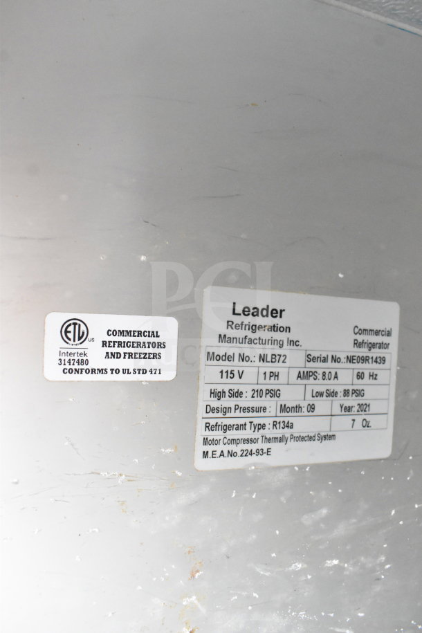 2021 Leader NLB72 3 Door Undercounter Cooler, 115V, 1 Phase. ETL certified. Serial No.: NEO9R1439.