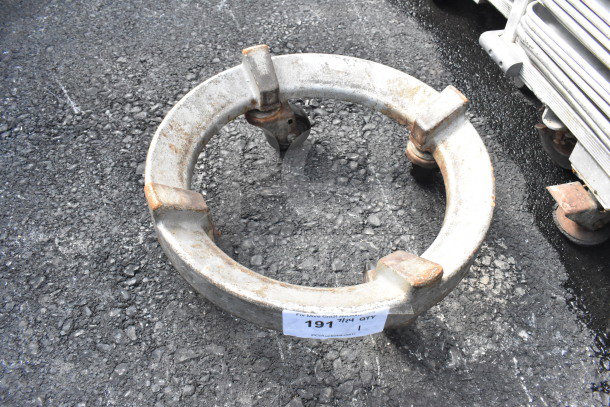 Commercial bowl dolly on casters, metal construction, used condition with visible wear and auction label attached.