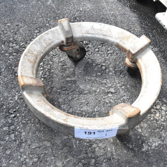 Commercial bowl dolly on casters, metal construction, used condition with visible wear and auction label attached.