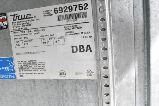 True TBB-24-48G-SD back bar cooler label showing model, voltage 115V, 1 phase, 4.7 amps, Energy Star and NSF certified.