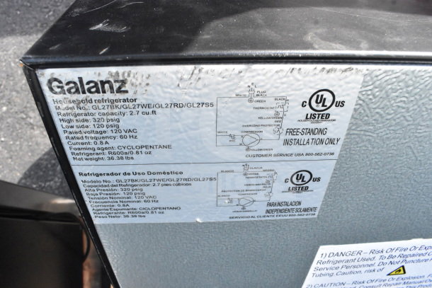 4 mini coolers including Galanz, model GL27 series, 2.7 cu. ft, 115 volts, 1 phase, UL listed, with installation label.