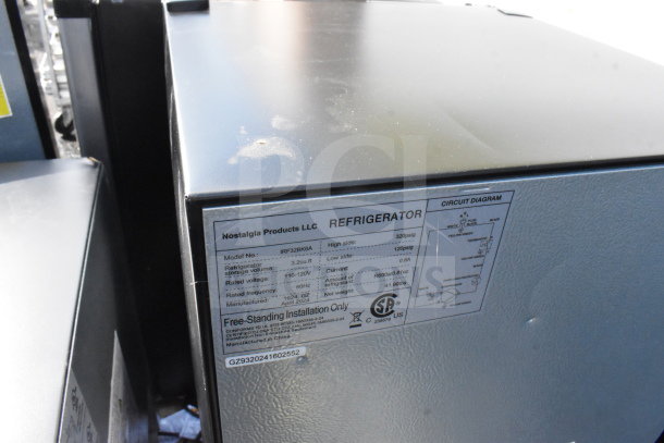 Four mini coolers including Hisense and Galanz models. Voltage: 115V, 1 phase. Label shows model IRF32BK6A from Nostalgia Products, 3.2 cu ft capacity.