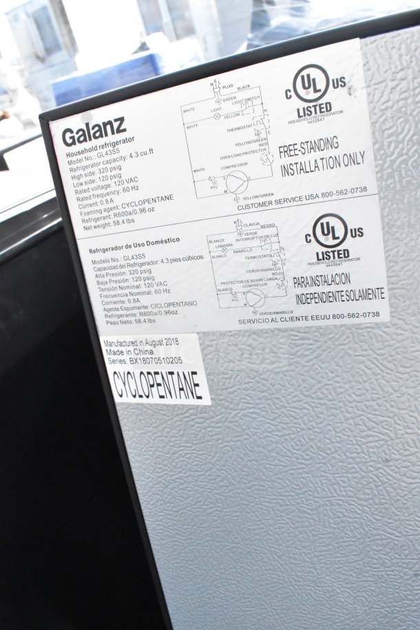 Four mini coolers including Hisense and Galanz, 115 volts, 1 phase, featuring Galanz model GL4355, 4.3 cu ft, UL listed.