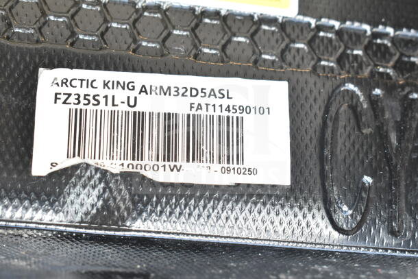 Label on cooler showing Arctic King model ARM32D5ASL, FZ35S1L-U, barcode, indicating part identification.