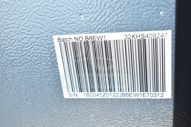 Barcode label on mini cooler, showing Batch No. B8EW1 and S/N: 1B0045Z0122JB8EW1E70312.