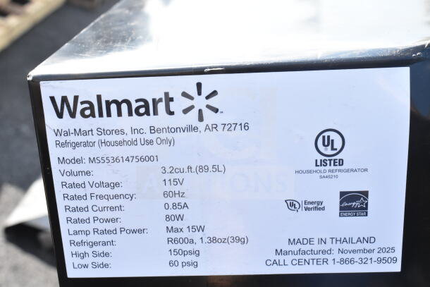 Set of 5 mini coolers, including Galanz, 115V, 1 phase. Label shows Walmart, 3.2 cu ft. Model MS553614756001.