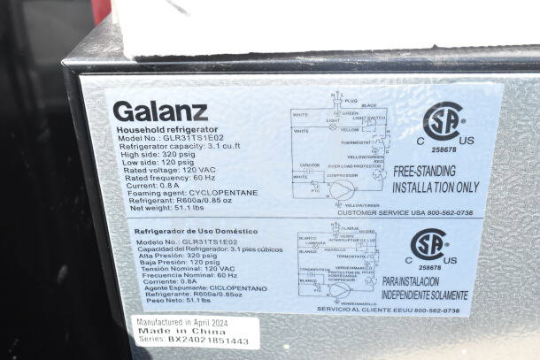 5 mini coolers, including Galanz model GLR31TS1E02. 115 volts, 1 phase. Features label with technical specifications.