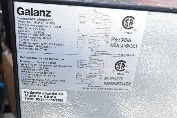 Galanz mini cooler label, model GLR31TS1E02, 3.1 cu. ft. capacity, 120 VAC, manufactured November 2022, made in China.