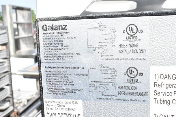 Five various mini coolers, including Galanz model GL17BK, 1.7 cu ft capacity, 115 volts, 1 phase, free-standing installation.
