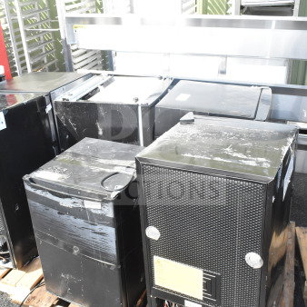 Four mini coolers including Galanz, 115 volts, 1 phase, on pallets. Visible wear, labels, and operational components.