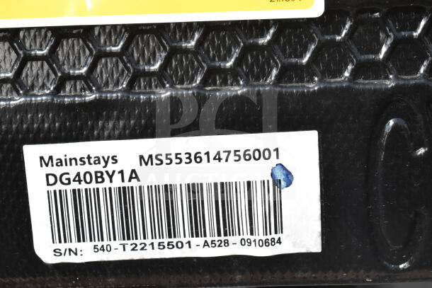 Label on item displaying "Mainstays MS553614756001 DG40BY1A" with barcode and serial number "540-T2215501-A528-0910684".