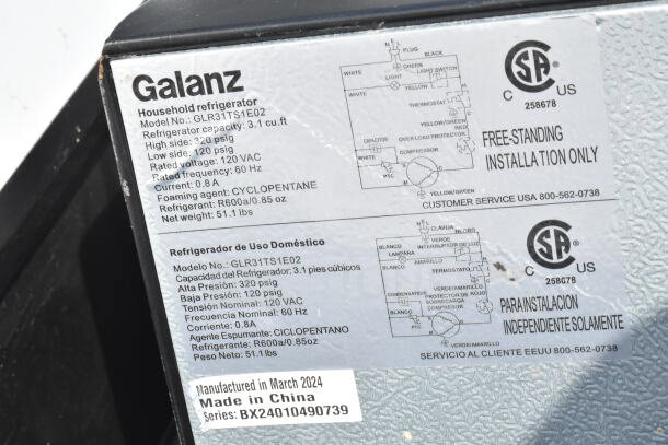 Galanz mini cooler, model GLR31TS1E02, 3.1 cu.ft capacity, 115V, 1 phase. Manufactured March 2024, made in China.