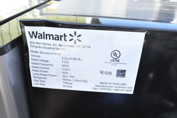 Four mini coolers including Galanz, 115V, 1 phase. Label shows 3.2 cu. ft. capacity. Energy Star certified.