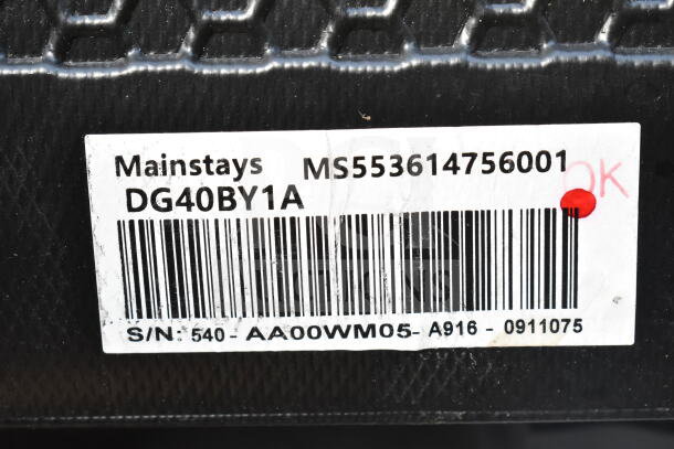 Four mini coolers including Galanz, 115 volts, 1 phase. Label shows Mainstays DG40BY1A model and serial number details.
