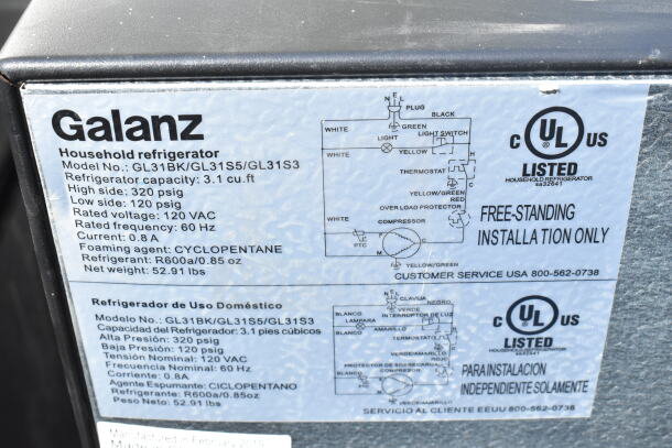Four mini coolers, including Galanz model GL31BK/GL31S5/GL31S3, 3.1 cu. ft., 115V, 1-phase. Net weight: 52.91 lbs.