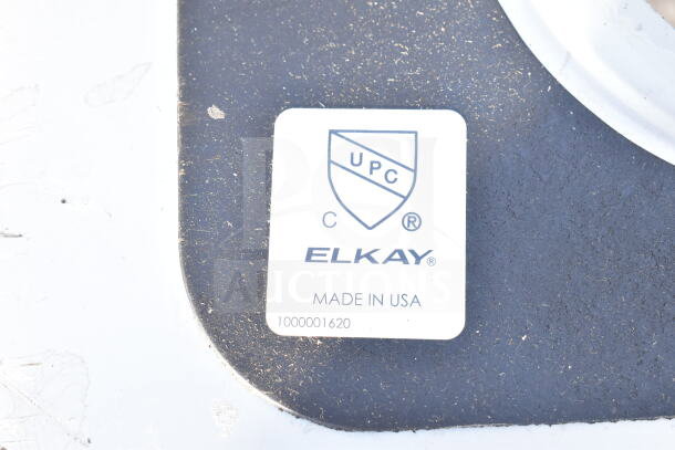 Elkay single bay sink label, UPC certified, made in USA, model 1000001620, close-up view.